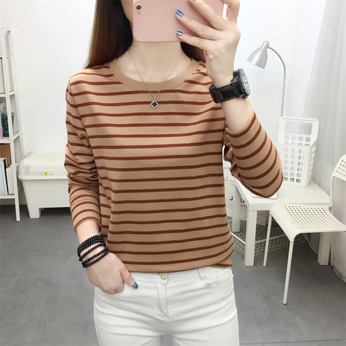 2024 new large size loose cotton long-sleeved T-shirt women's middle-aged mother autumn striped bottoming shirt top