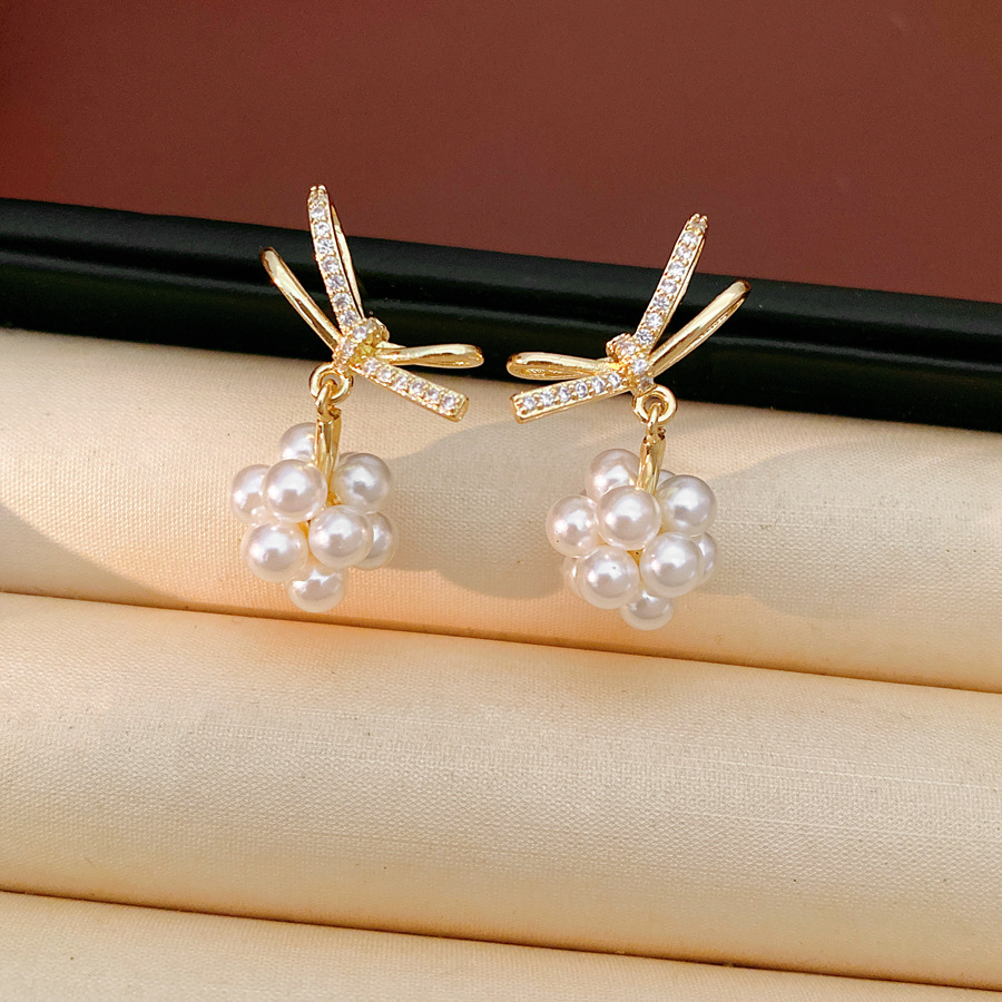 14 quilates de oro real chapado aguja de plata zircon arco perla pendientes temperamento pendientes de nicho ligero lujo alta sensación de pendientes image 7