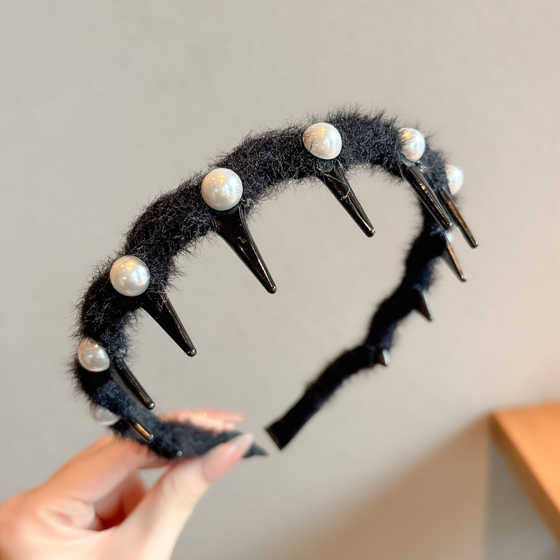 Alto cráneo de lana ondulado banda de cabello para mujeres lavado de cara maquillaje especial banda de cabello con dientes antideslizante acabado de cabello agrupado tocado