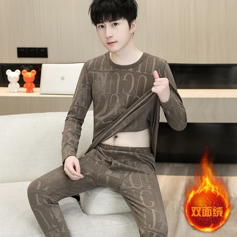 겨울 열 속옷 세트 남성 양털 뜨거운 가을 옷과 바지 청소년 양면 양면 양털 스웨터 바지 기본 셔츠
