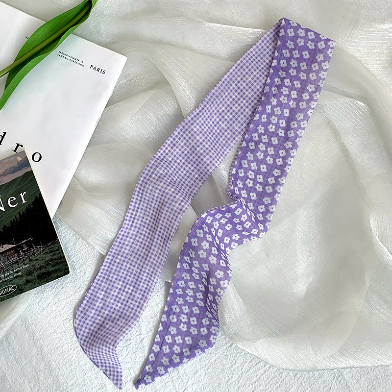 Pañuelo de seda pequeño largo francés de verano, cinturón de pelo floral pequeño, paquete de cabello trenzado, bufanda de cinta fina de gasa
