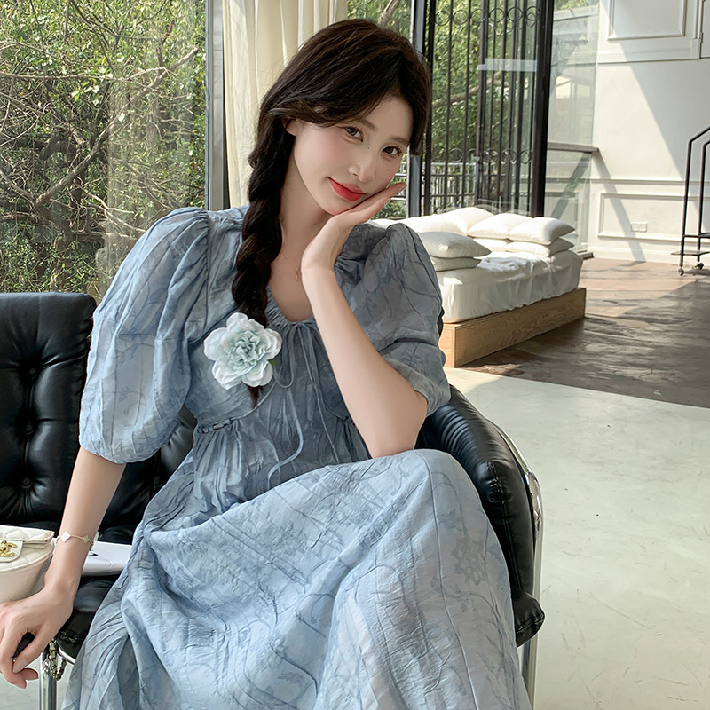 Real Shot of Super Good-Looking Princess Puff Sleeve French Dress for Women 2025 Summer Elegant Atmosphere Over-The-Knee Long Skirt