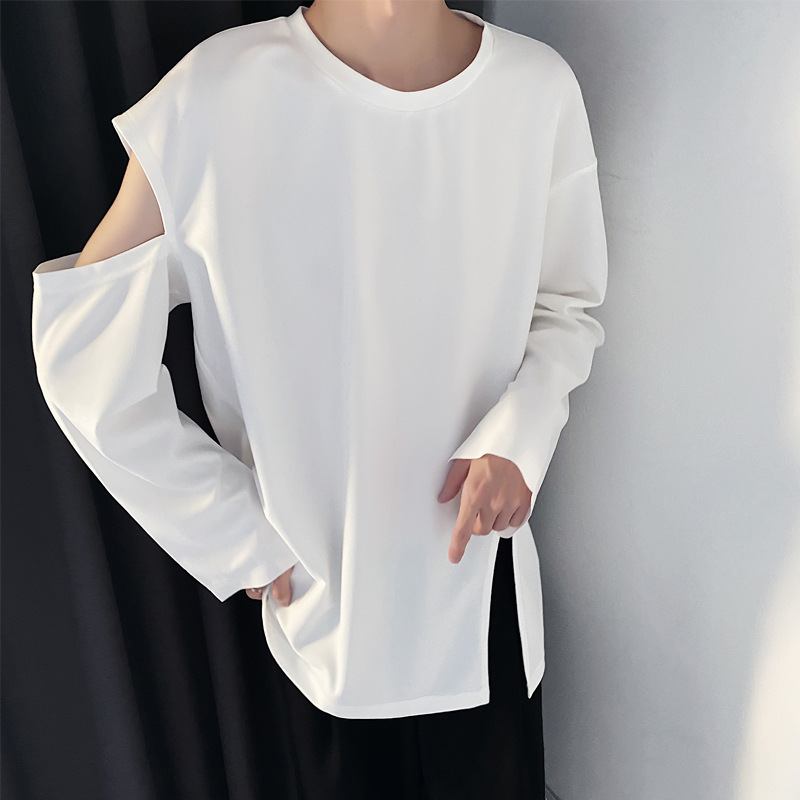 Off-Shoulder White Long-Sleeved T-Shirt Top Men's Design Sense ins Trendy Cold Spring Autumn Base Shirt