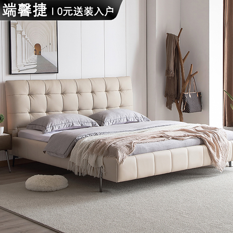 Cama de cuero genuino estilo crema cama doble minimalista moderno dormitorio principal cama de boda de 1,8 m diseñador tire hebilla cama de cuero cama suave