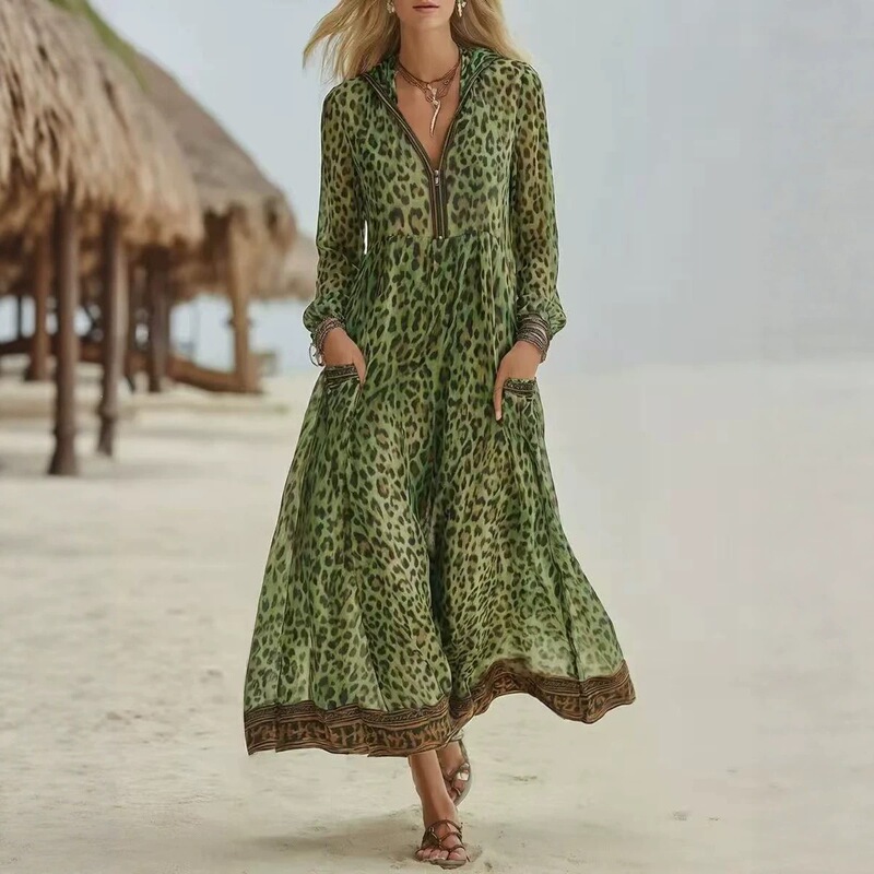 Retro Wild Leopard Print Hooded Long Sleeve Maxi Dress with Half Zipper V-Neck, Elastic Waist, and Flared Hem for Beach Vacation Retro Wild Leopard Print Hooded Long Sleeve Maxi Dress with Half Zipper V-Neck, Elastic Waist, and Flared Hem for Beach Vacation