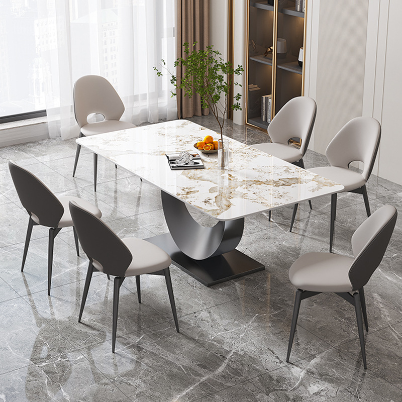 Luz de lujo de alta gama placa de roca rectangular mesa de comedor sala de estar moderna mesa de comedor de acero inoxidable simple combinación de mesa y silla