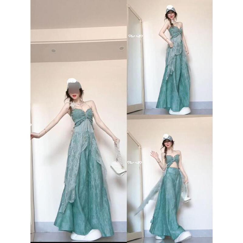 Summer Travel Wear Beautiful Small Suit Seaside Vacation Tencel Sling Top Wide Leg Pants Two-piece Set