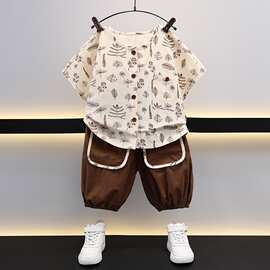 男童夏季树叶短袖衬衫套装儿童帅气薄款清凉两件套小男孩夏天衣服