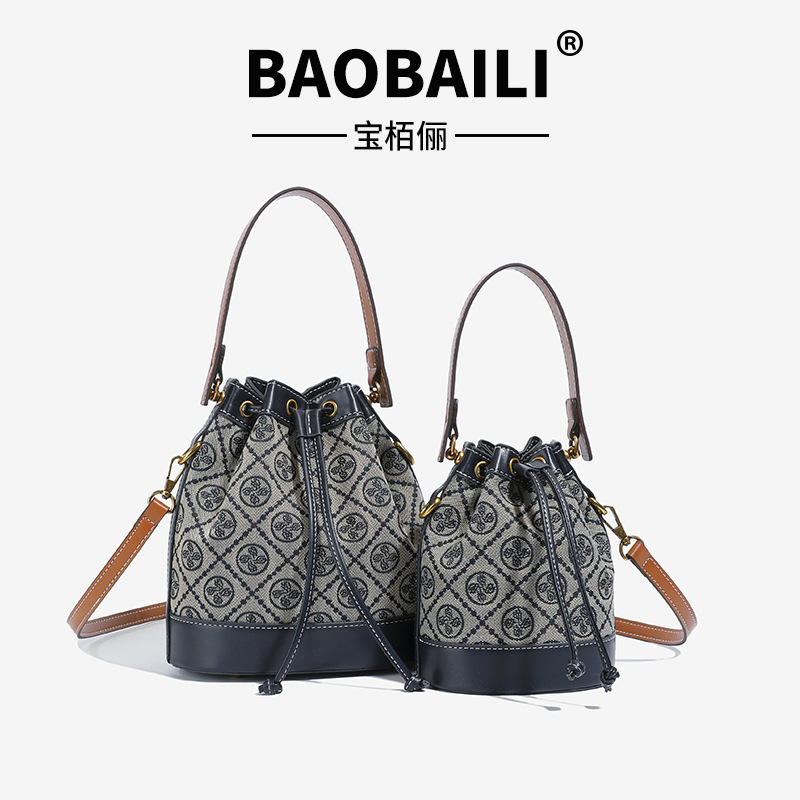 Tb Canvas Bucket Bag with Monogram Embroidery, All-Over Print Drawstring Handbag, Single Shoulder Crossbody Bag, Vintage Commuter Women's Bag Tb Canvas Bucket Bag with Monogram Embroidery, All-Over Print Drawstring Handbag, Single Shoulder Crossbody Bag, Vintage Commuter Women's Bag