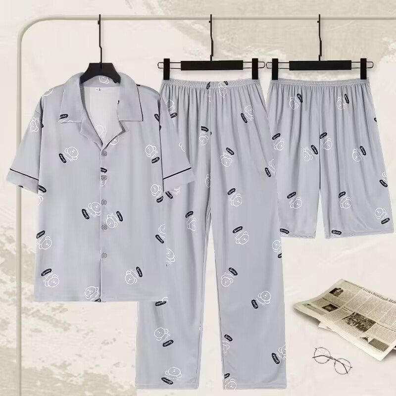 Pijamas de tres piezas Cárdigan para hombre Pantalones cortos de manga corta de verano Pantalones de gran tamaño más gordo y traje de servicio a domicilio