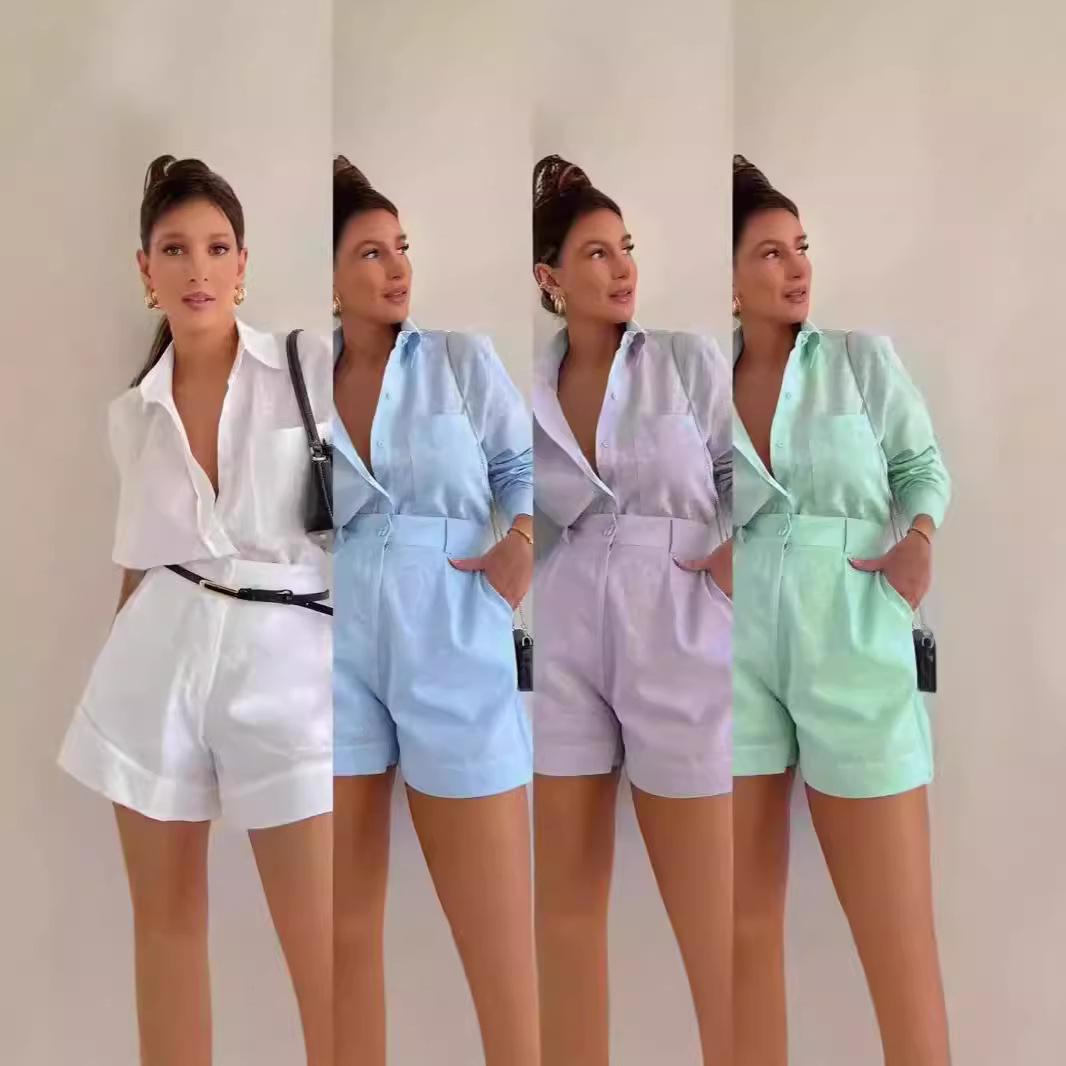 Autumn 2024 European and American Amazon Women's New Loose Solid Color Casual Shirt High Waist Shorts Fashion suit Women