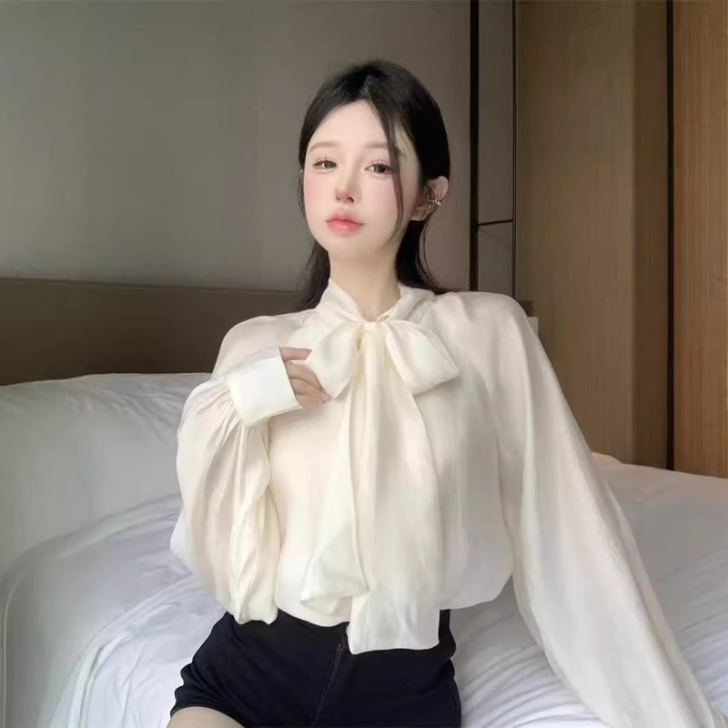 French Style Elegant Strap Bow Long Sleeve Shirt Women's Design Sense Niche Chic Shirt Top Spring and Autumn New