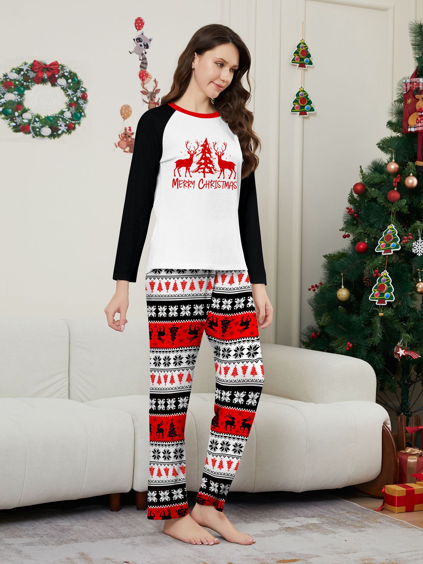 Robe de famille de Noël imprimée, pyjama, robe de maison, lettres de flocon de neige, Père Noël, cerf_voghion.com