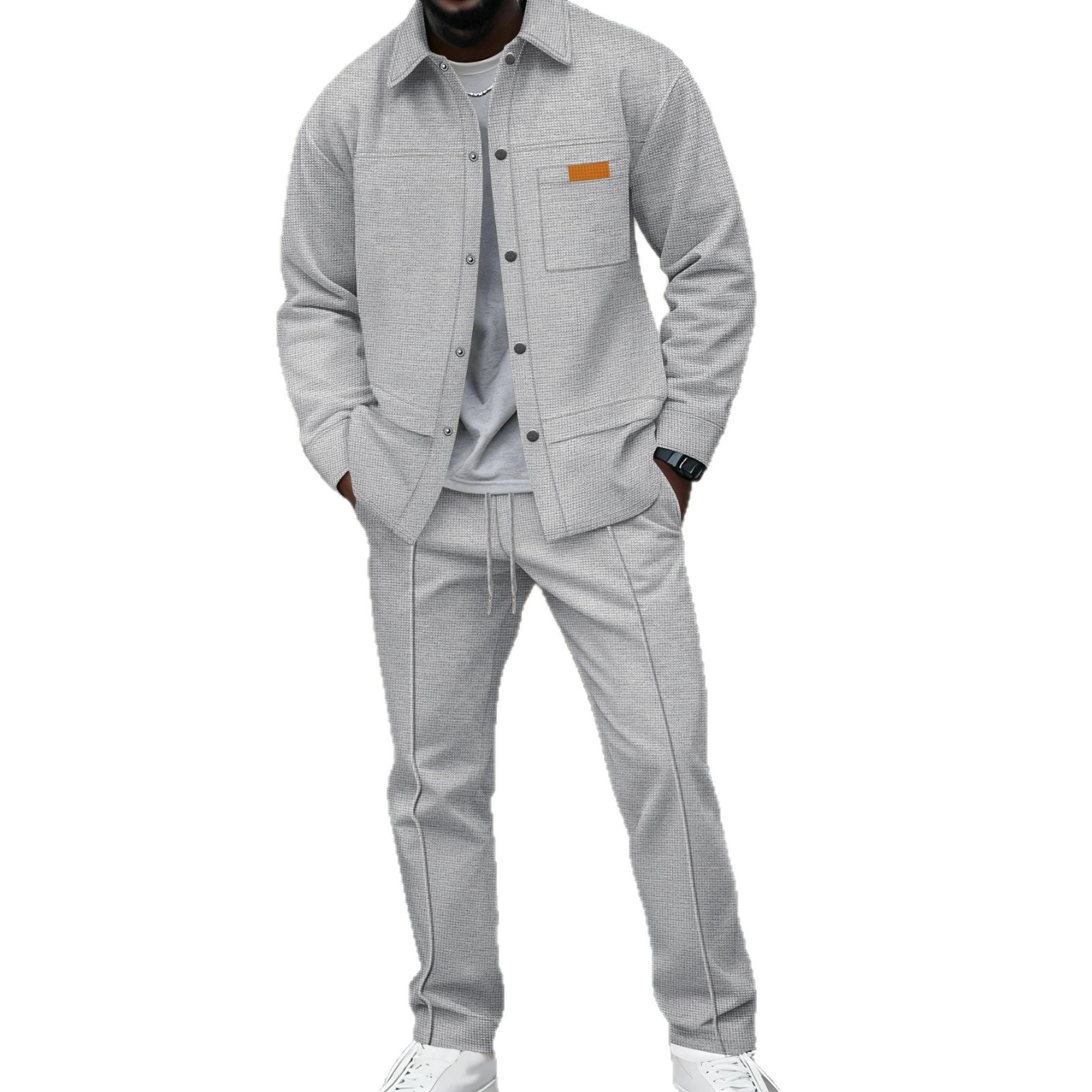 European And American Cross-Border Men's Autumn New Waffle Solid Color Lapel Button Pocket Sleeve Long Pants Casual_voghion.com