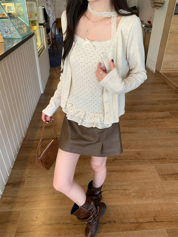 韩系甜美套装开衫短款小外套女秋季荷叶边飘带波点吊带背心两件套|undefined