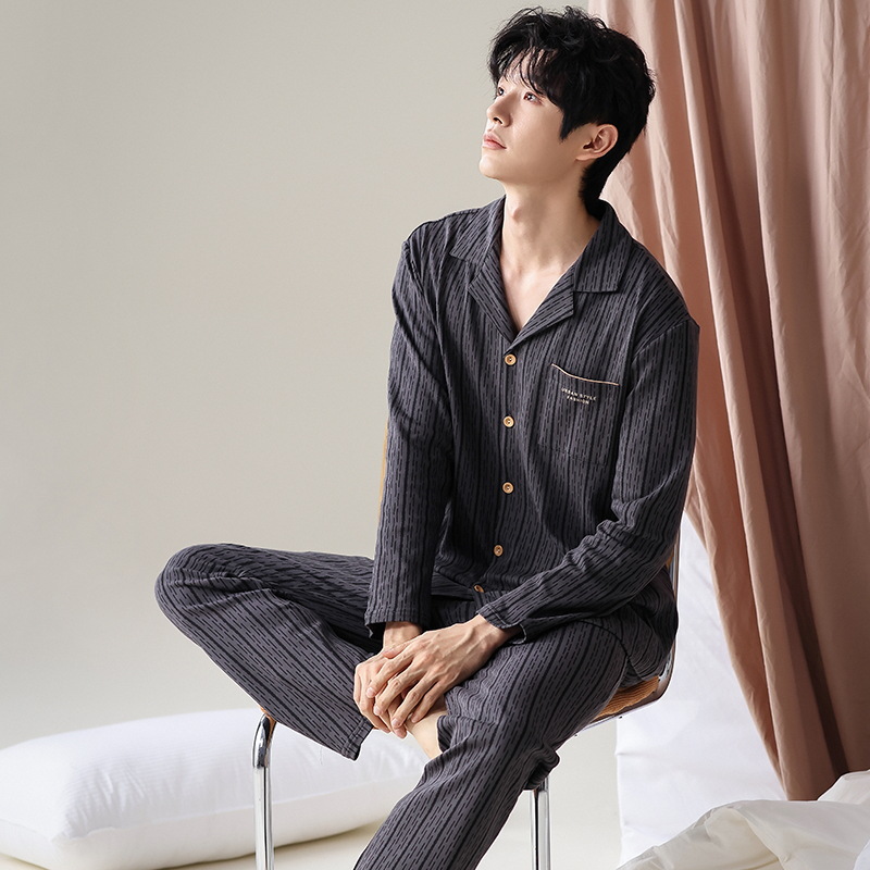 Pijama de algodón masculino de otoño cardigan de mangas largas pantalones largos primavera y otoño juveniles de tamaño grande con solapa set de ropa de casa