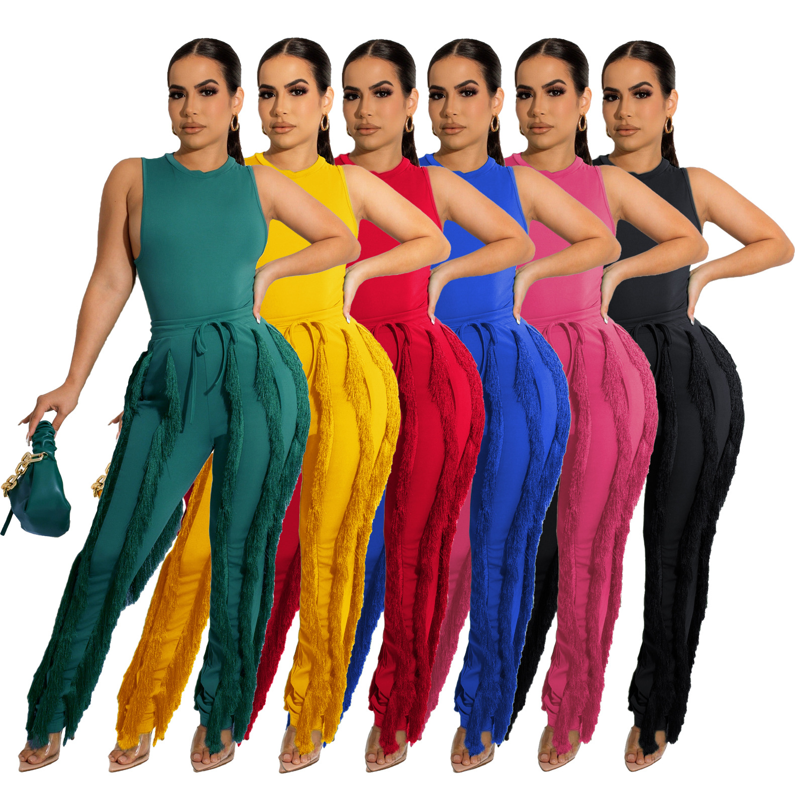 Women's Casual Solid Color Spandex Polyester Patchwork Tassel Pants Sets display picture 3