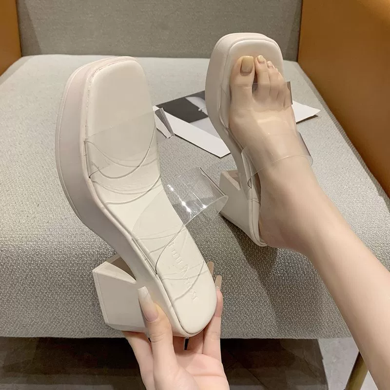 Тапки на высоком каблуке женская Ся Сячжун 2024 новый прозрачный с сандалиями противоскользящий стол с толстым подошвом
