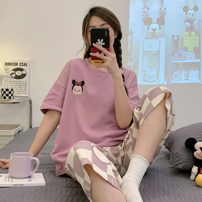 Pijamas con cojín de pecho para mujeres de verano nuevos pantalones de manga corta set de dibujos animados lindos de verano delgada ropa de hogar de tamaño grande