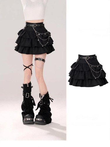 Y2k hot girl black fluffy cake dress for women autumn sweet and cool skirt, high waist caring belt, denim leg set, short skirt