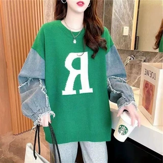 毛衣女慵懒风牛仔长袖拼接2023年秋冬韩版拼色流苏针织衫外穿上衣