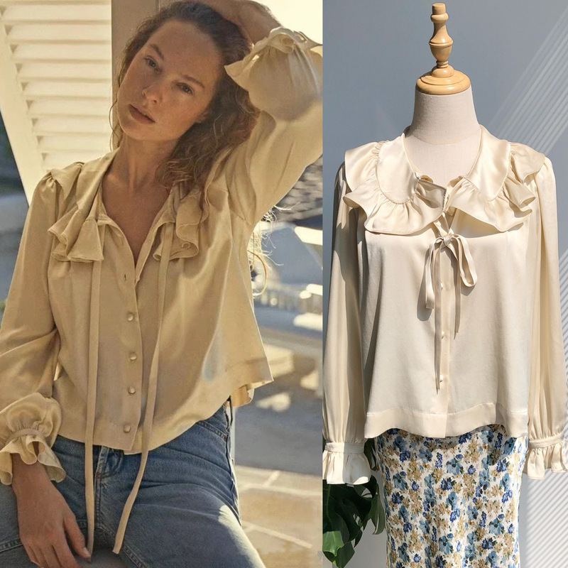French Light Champagne·Light Luxury and Luxurious Ruffled Sand-Washed Silk Satin Long-Sleeved Shirt