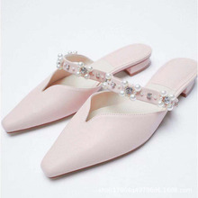 ZA粉色亮光珍珠穆勒鞋女粗跟2021年夏季新款低跟水鑽包頭時裝涼鞋