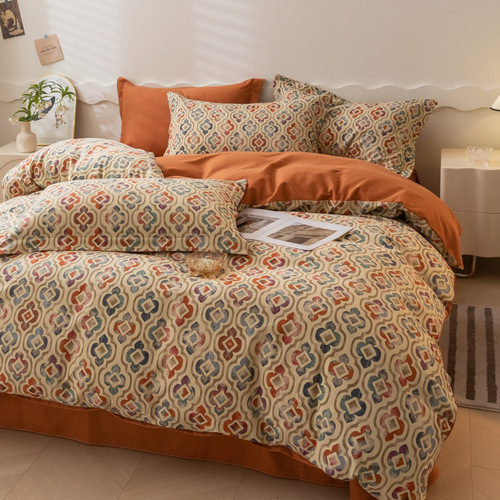 New 60-count thickened ins style cotton brushed four-piece set pure cotton autumn and winter warm quilt cover sheets and fitted sheets wholesale