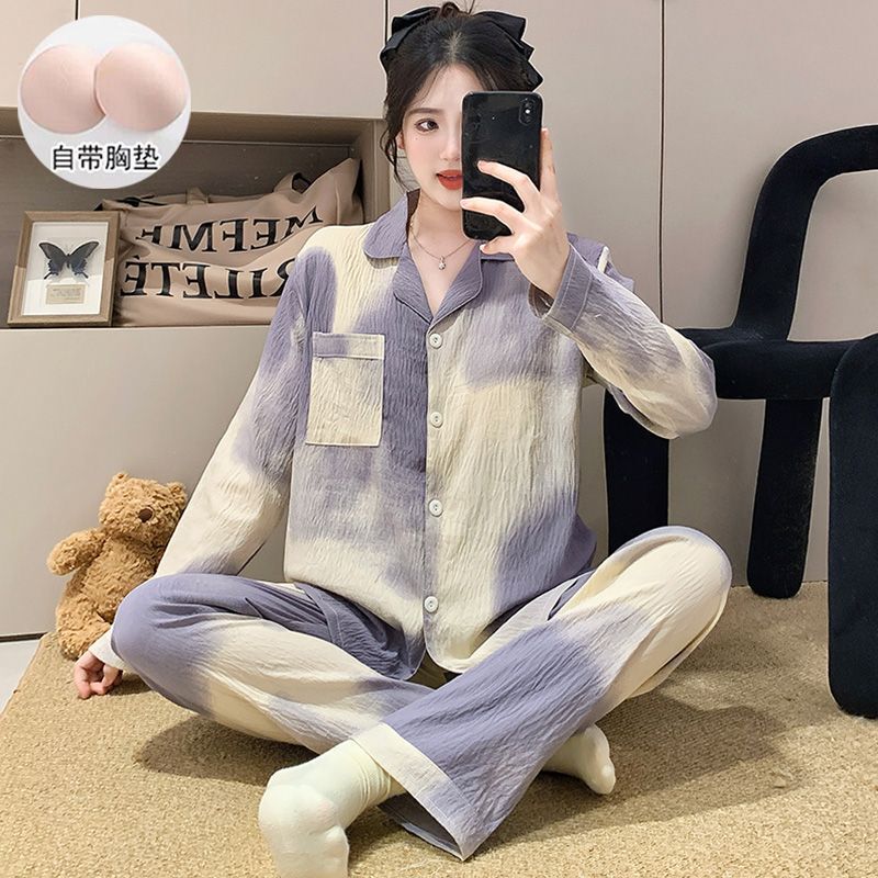 新中式睡衣女春秋季新款带胸垫云朵棉刺绣开衫长袖宽松家居服套装|undefined