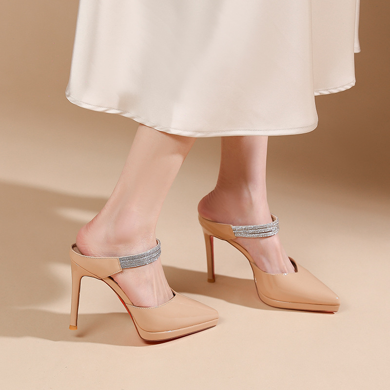 Sandal cao gót nữ mũi nhọn đính đá, quai một dây, gót 10 cm — Đen-10cm