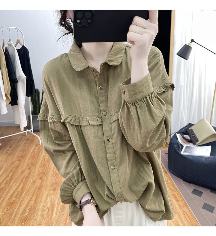 Women's Cotton Linen Blouse With Ruffles And Lantern Sleeves_voghion.com