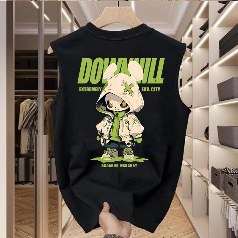 Summer New Sleeveless T-shirt Vest Men's Trendy Brand Youth Cartoon Bear Print Sports Waistcoat Top