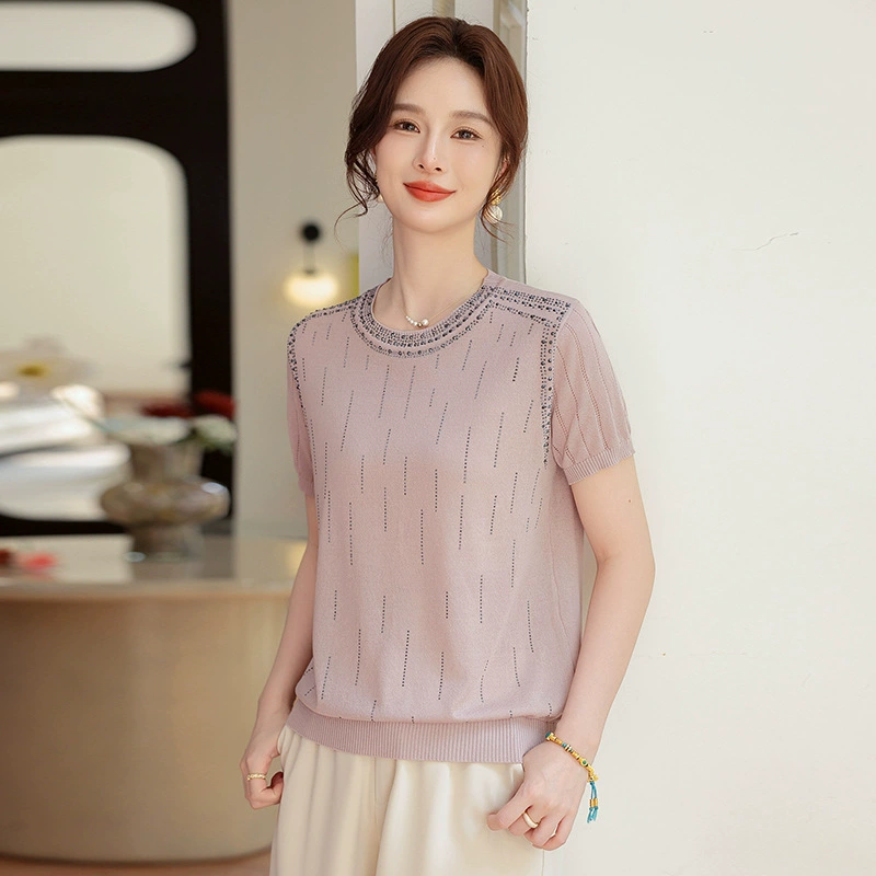 2025 лето новая мама одежда из ледяного шелка трикотажный топ среднего и пожилого женского возраста с круглым вырезом большого размера тонкая темпераментная маленькая рубашка