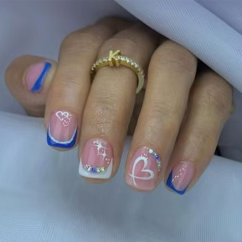 Valentine's Day White and Blue Color French Rhinestone Decoration Heart Four-Pointed Star Graffiti Design Wearable Manicure Nail Pieces