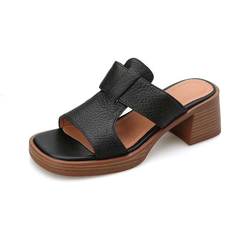 Dép sandal nữ đế dày gót vuông mũi hở 4.5 cm kiểu La Mã — đen