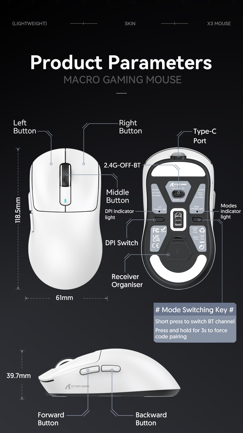 AttackShark X3 Mouse,Lightweight,PAW3395 Sensor,E-sports Game The Third Mock Examination Wireless Mouse,2.4G Wireless+Bluetooth 5.2+Type-C,26000DPI_voghion.com