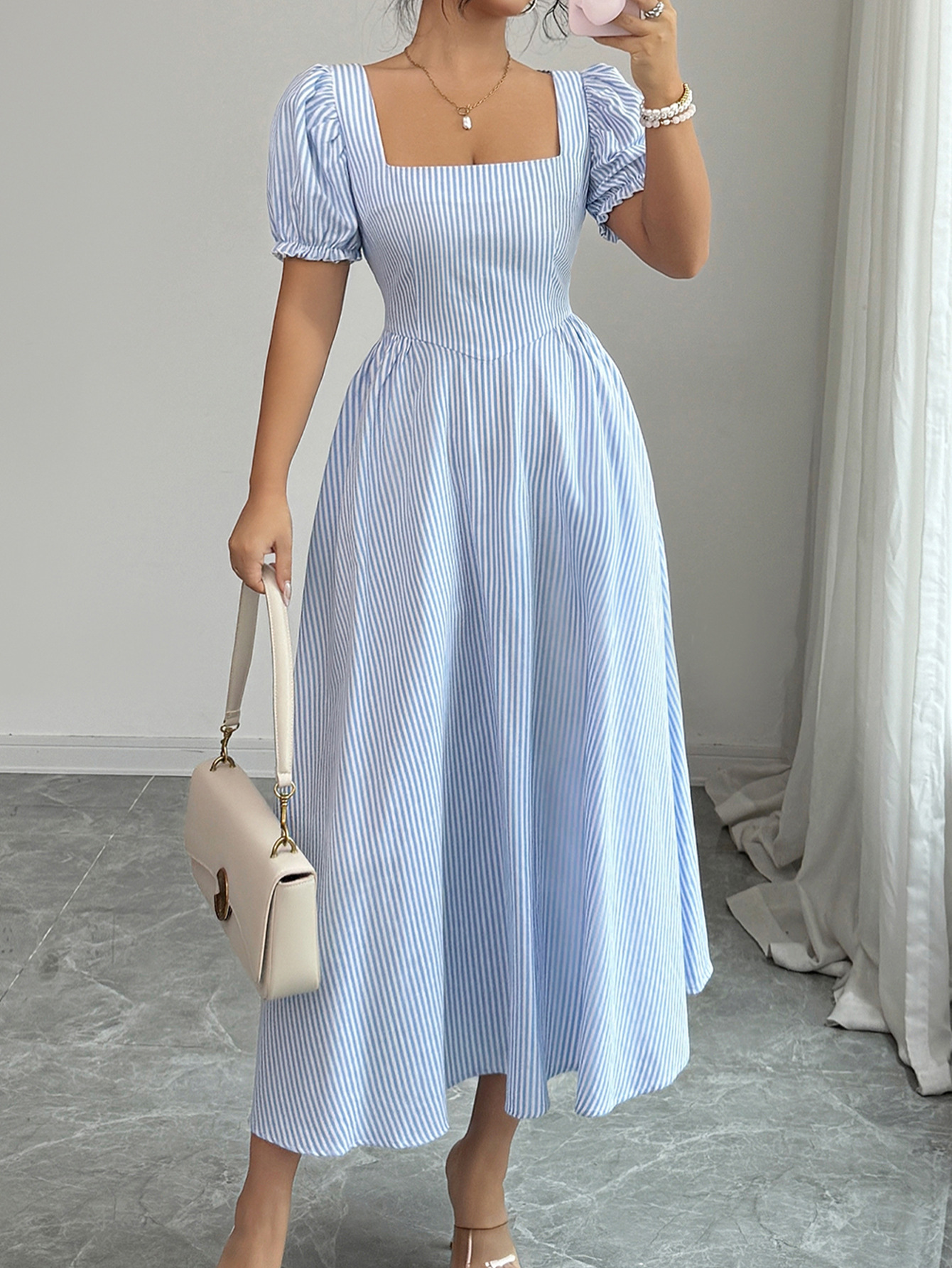 Elegant Blue White Striped Dress Puff Sleeves Women's Spring Summer_ecoleips.com