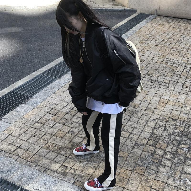 White bar striped original straight-leg loose high street couple trousers design sense color-blocked sweatpants men's and women's slacks_voghion.com