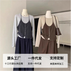 十三行2025秋冬款系带挂脖假两件长袖针织衫新款慵懒风休闲上衣女