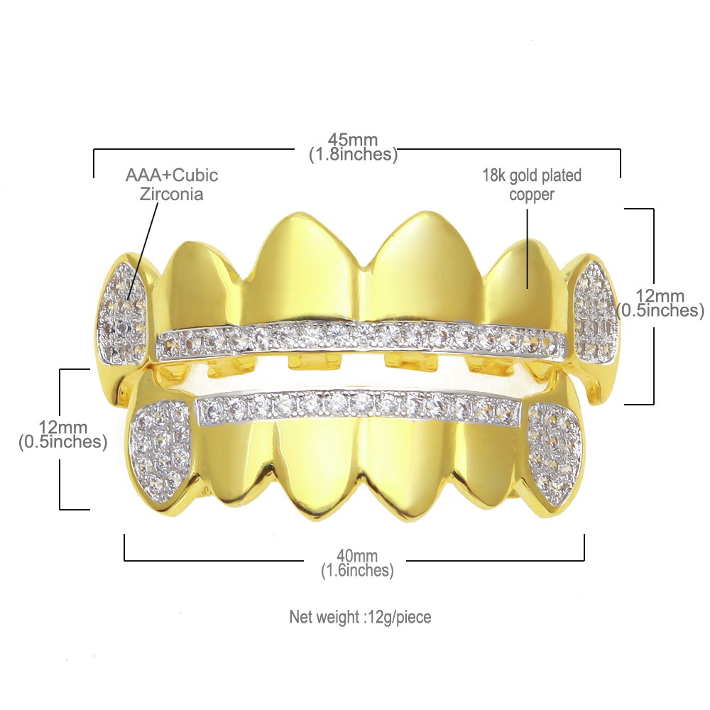New cross-border braces in Europe and the United States Halloween fangs mirrored mixed with zirconium large gold teeth hip hop real gold electroplated fangs