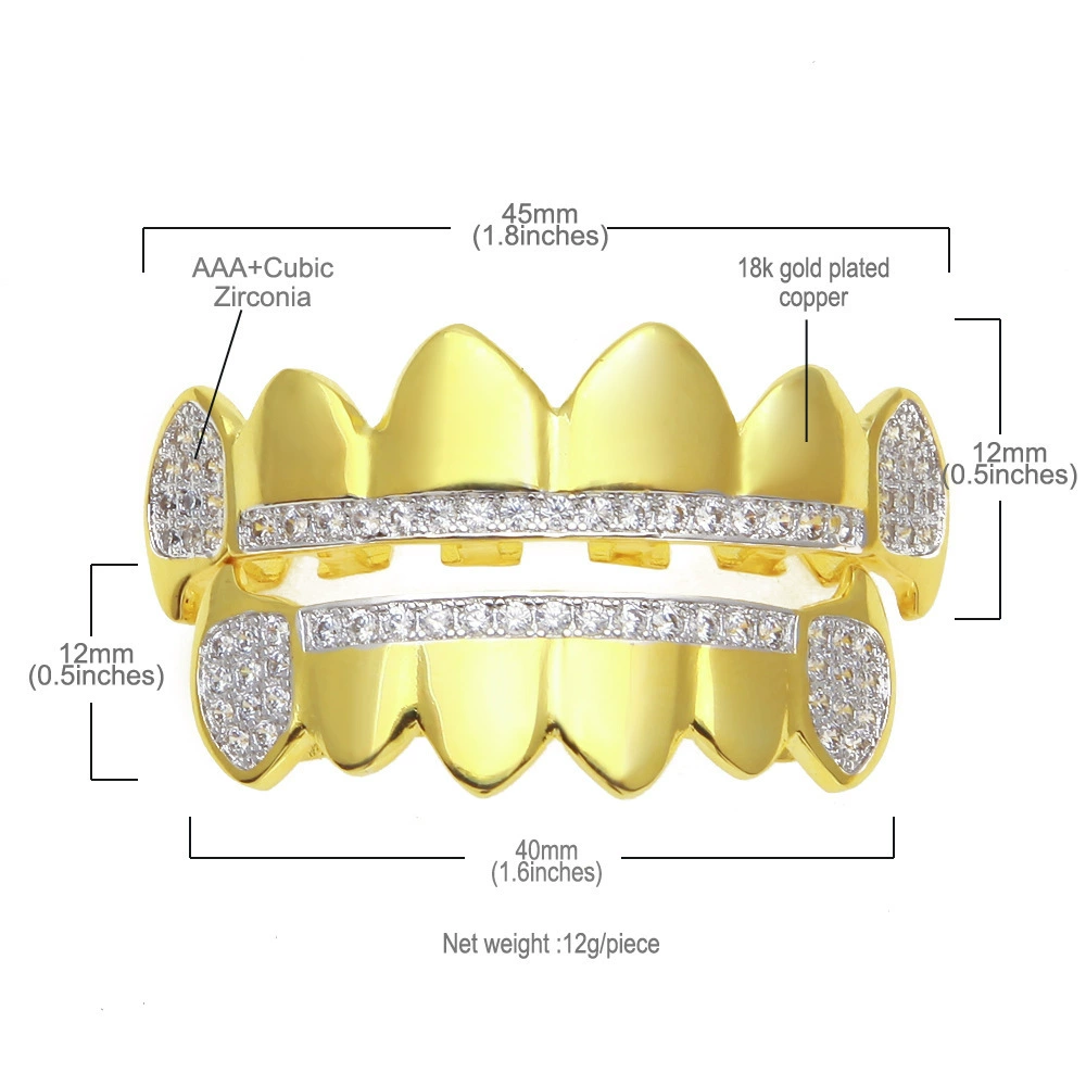 New cross-border braces in Europe and the United States Halloween fangs mirrored mixed with zirconium large gold teeth hip hop real gold electroplated fangs