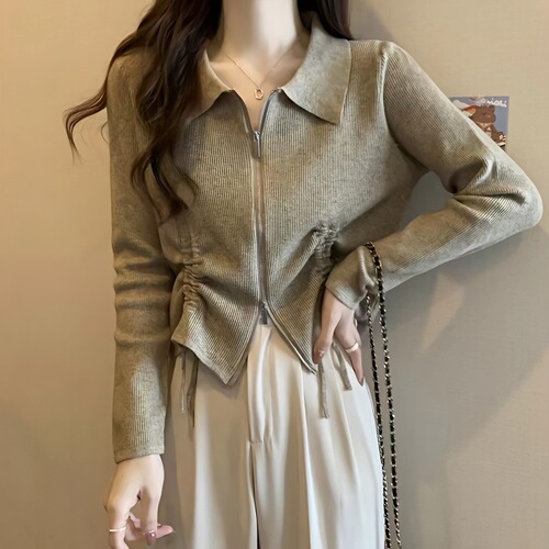 Early Spring Zipper Cord Knitted Sweater for Women 2025 Spring and Autumn New Design Sensory Slim Short Sleeve Cardigan Top