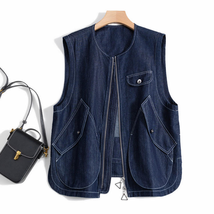 Design vintage penny-level environmentally friendly washed round neck loose casual large pocket zipper Denim vest coat for women