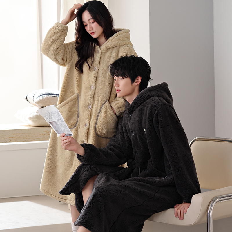 가을, 겨울 커플 잠옷 따뜻하고 편안한 벨벳 긴팔 가디건 중간 길이 목욕 가운 캐주얼 심플 대형 가정복