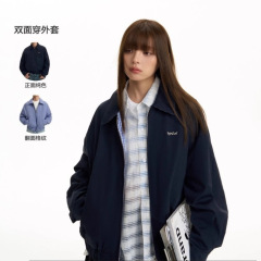 【双面穿】潮牌格纹翻领工装夹克男女春秋季藏青色格子宽松外套潮