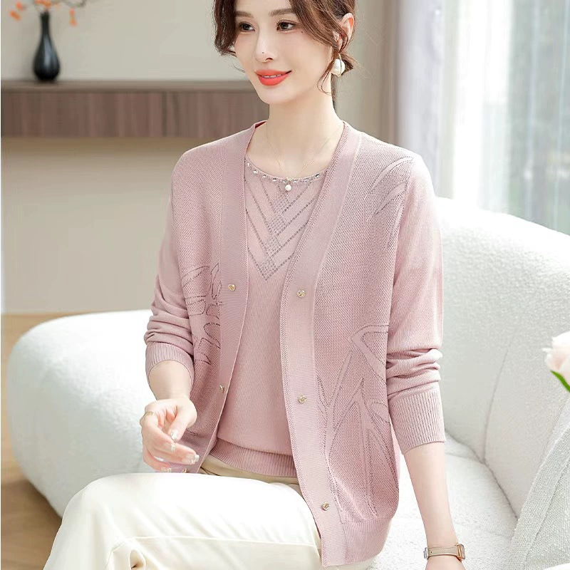 Весенний комплект одежды для новоиспеченной мамы: топ и кардиган для женщин среднего возраста, вязаный костюм в западном стиле, одежда для свекрови.