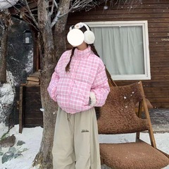 欧洲学院风甜美短款粉色格纹立领棉服女冬季新款保暖时尚防寒外套