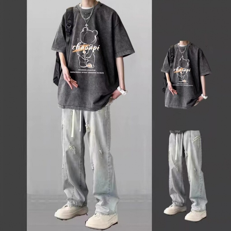 Summer short-sleeved T-shirt suit students a complete set of men's clothing ins fashion brand high street jeans loose two-piece set Summer short-sleeved T-shirt suit students a complete set of men's clothing ins fashion brand high street jeans loose two-piece set