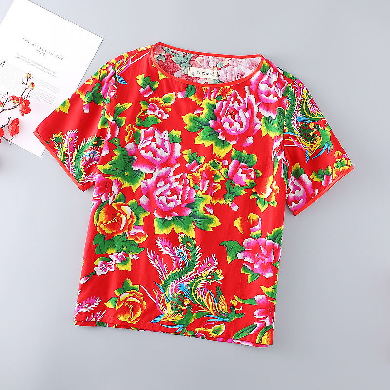 Northeast Large Floral Cotton Thin Summer Women's Short-Sleeved Street Fashion Loose Round Neck Pullover T-Shirt Half-Sleeved Vest T-Shirt