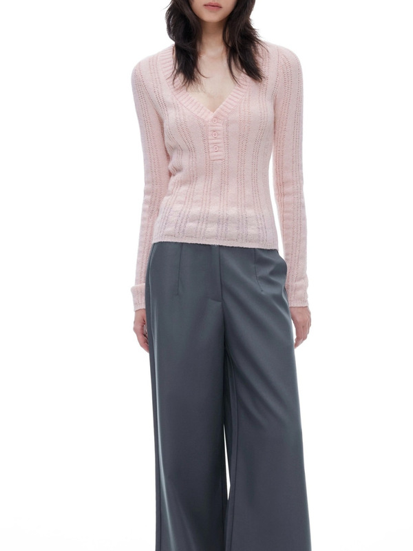 Wld lek 藕粉色V领毛织上衣女2025FW竖坑条螺纹镂空羊毛针织衫|undefined